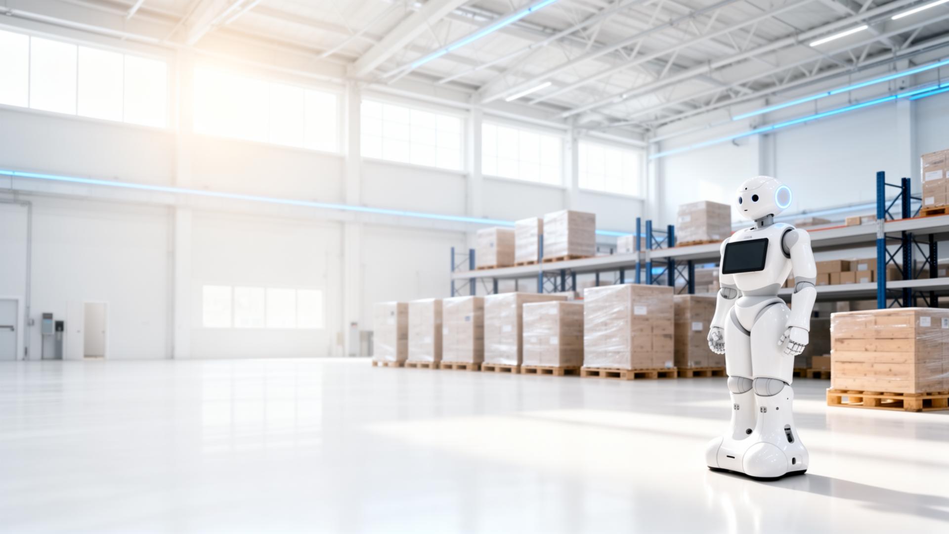 Humanoid robot operating in a modern warehouse
